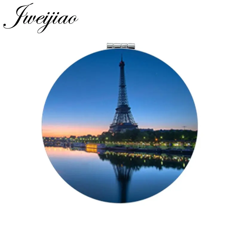 

JWEIJIAO Eiffel Tower Makeup Mirror Folding Mini 1X/2X Magnifying Portable Beautiful Scenery Art Photo Round Compact Mirrors