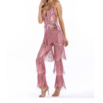 

2019 fringes sequined rompers womens jumpsuit ladies runway jumpsuits sexy sequins tassel chic club overalls for women