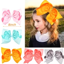 8 Large Grosgrain Ribbon Hair Clips Hairpins Barrette Bowknot Headwear Solid Children Hair Bow For Girls lovely hair bow holder handmade cartoon dots long hair clip organizer grosgrain ribbon barrette holders for girls