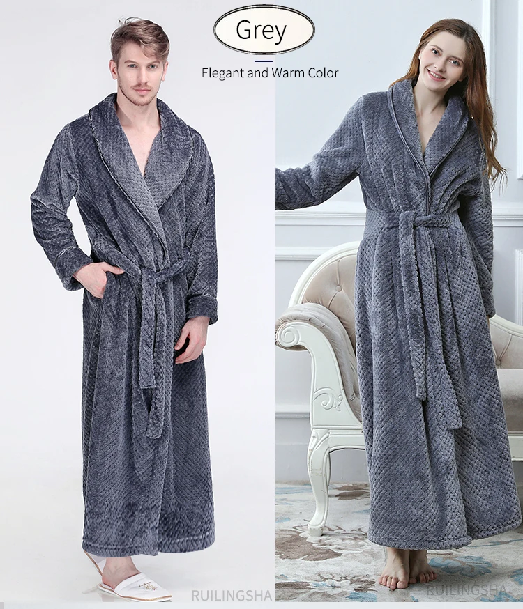 Men Women Winter Extra Long Thicken Grid Flannel Warm Bath Robe Luxury Soft Thermal Bathrobe Mens Dressing Gown Male Sexy Robes