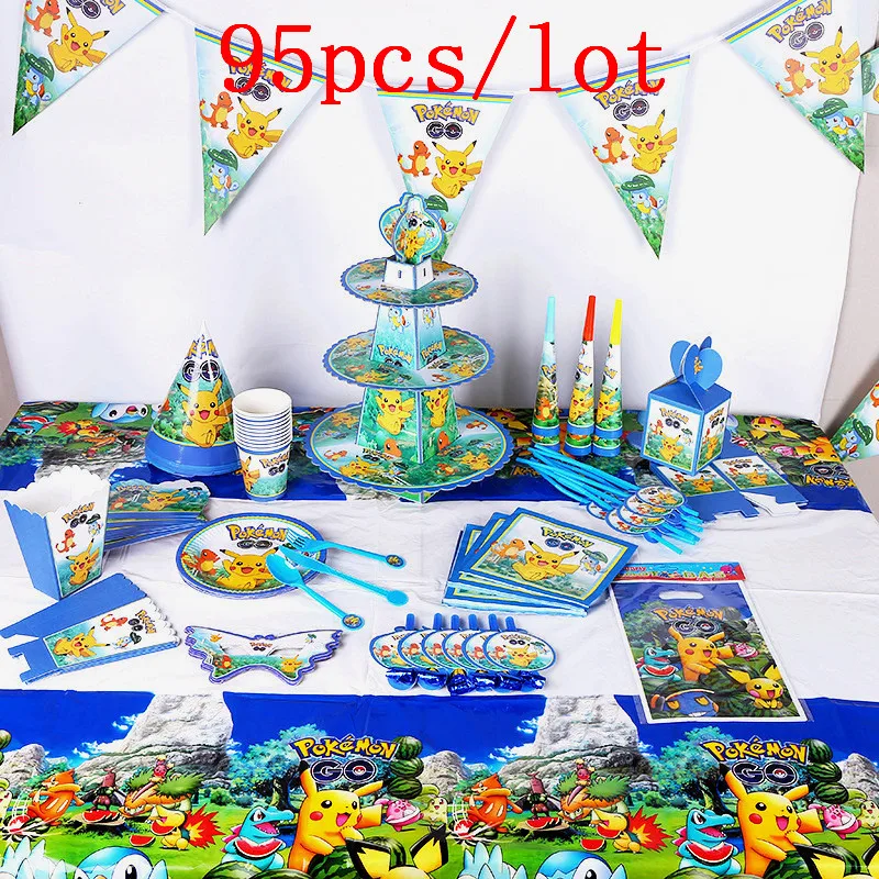 

95pcs/lot Pokemon Go Theme Pikachu Children's Birthday Decoration Party Supplies Suitable for 10 people disposable tableware set