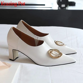 

Krazing pot new genuine leather pointed toe high heels Emuropean metal circle buckle decoration French romantic Autumn pumps l63