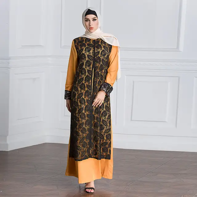 Us 3377 40 Offnew Arrival Islamic Muslim Long Sleeves Stitching Design Lace Abaya For Women Maxi Long Dress Abayas Dubai Clothing 9060 In Islamic