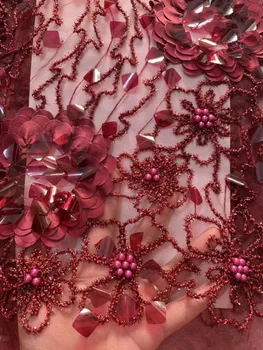 

African lace fabric, the latest red lace fabric 2019 with 3D flowers and beads, high quality 3D large sequined lace fabric