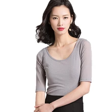 Для женщин для латинских танцев топы бального танца Сальса ча-ча Румба Практика Футболка танцевальная одежда Повседневное сетки дна Костюмные Топы