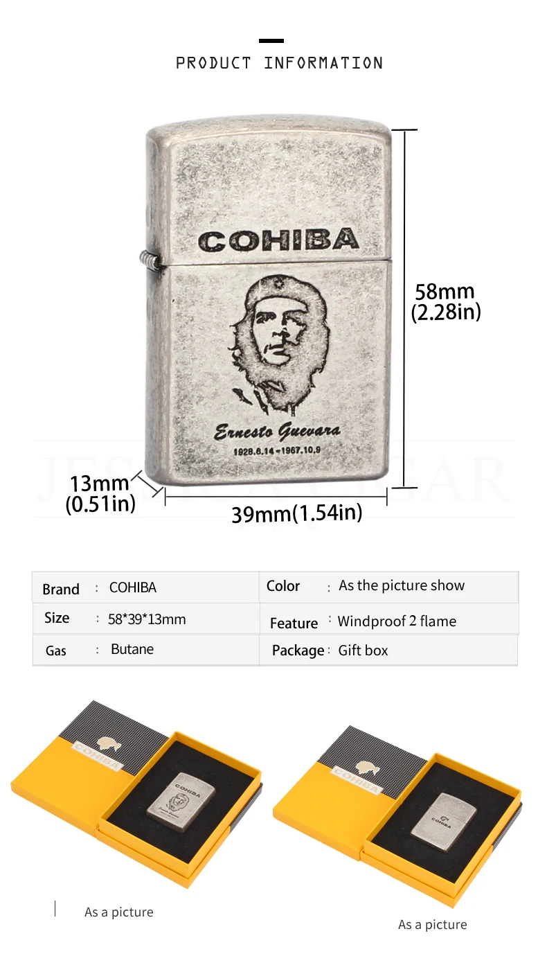 COHIBA классический металлический чехол, 2 фонарь, струйная зажигалка, ветрозащитная, Бутановая, газовая, для сигарет, зажигалки, голубое пламя, зажигалка для курильщика