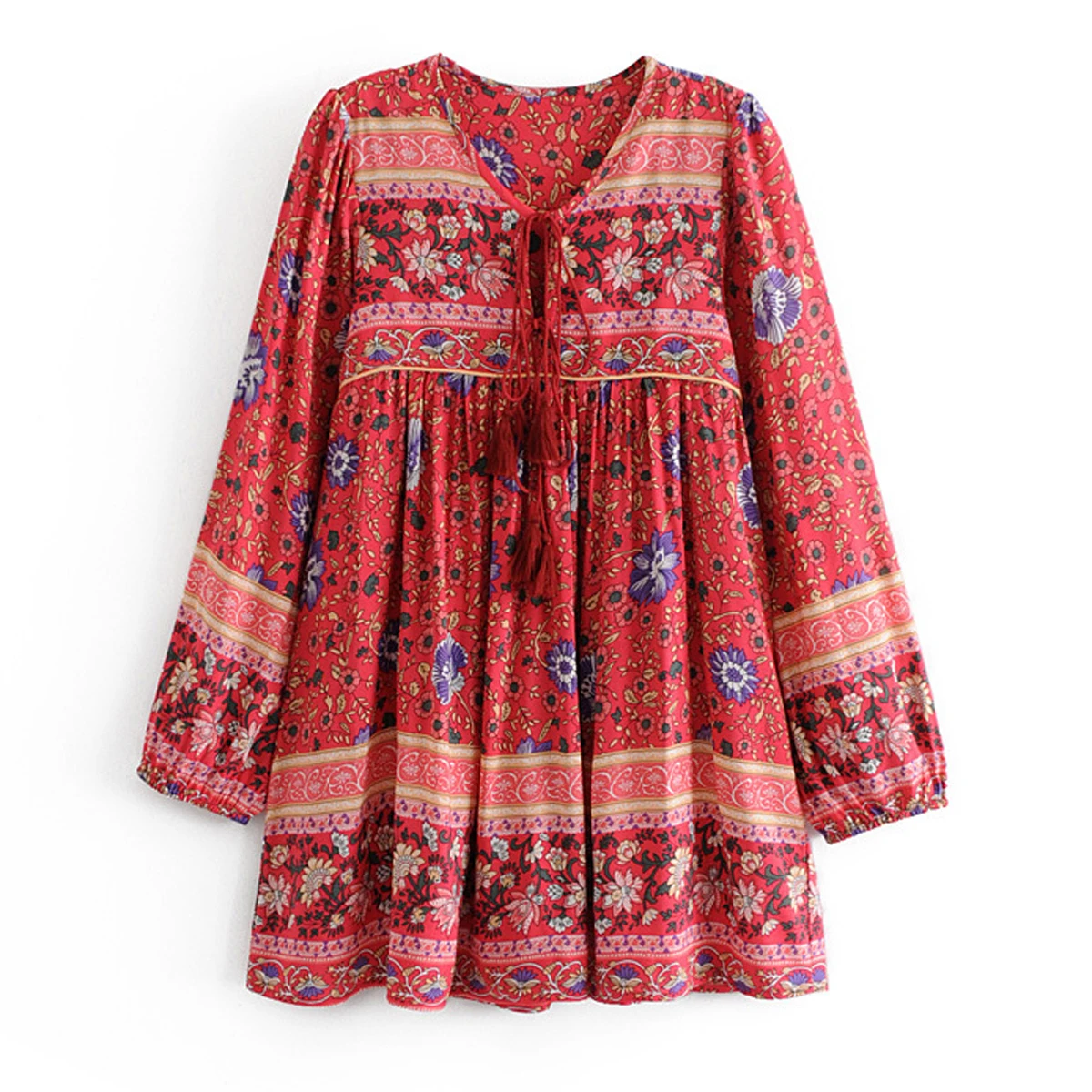 

Jastie V-Neck with Tie Boho Dress Vintage Floral Print Casual Short Dresses Long Sleeve Women Dress Summer Beach Dresses Vestido
