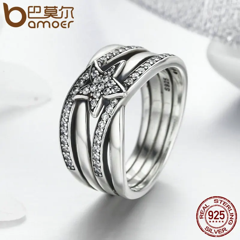 BAMOER Spring Collection 925 Sterling Silver Star Twisted Statement Ring For Women Engagement S925 Silver Jewelry SCR050