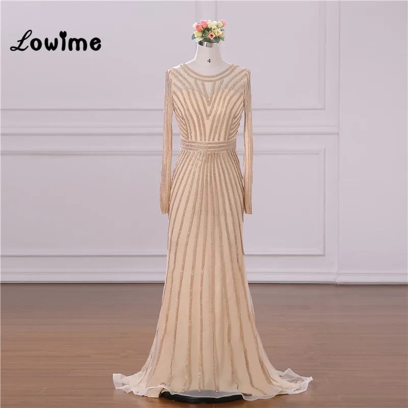 

Champagne Beaded Mermaid Arabic Evening Dresses Abendkleider Formal Long Sleeve Women Party Gowns 2018 Real New Vestido De Festa