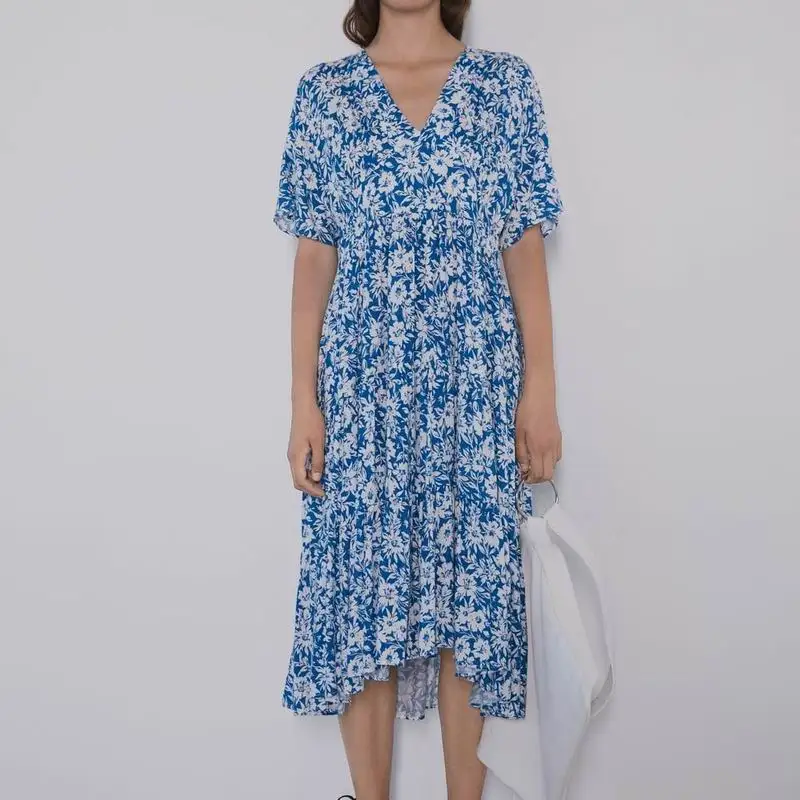 

Women Summer Dress 2019 New Fashion Floral Prints Mid-Calf Short Sleeve Boho People Style Modern Lady Long Dresses