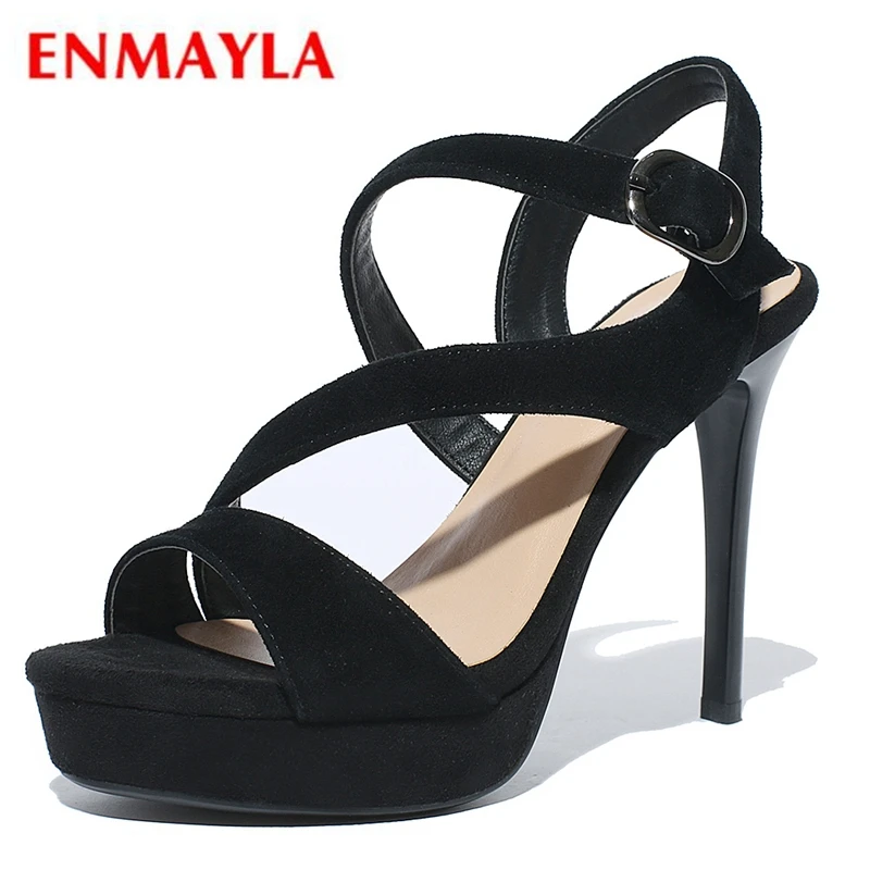 

ENMAYER Kid Suede Basic Casual Woman Sandals 2019 Summer Women Fashion High Heel Sandals Size 34-39 LY1164