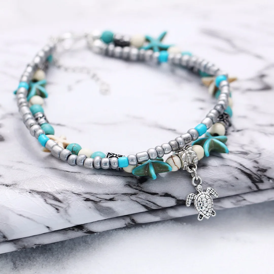 Retro Ethnic Style Sliver Plated Ankle Bracelet Starfish Beads Sea Turtle Anklet Vintage Charms Jewelry Birthday Gifts For Women