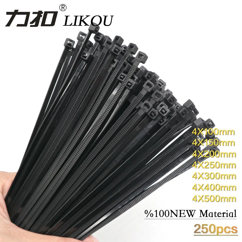 

LIKOU Nylon cable ties 4x100 4x120 4x150 4x200 4x250 4x300 4x350 4x400 4x450 Plastic self-locking cable ties straps 250pcs black