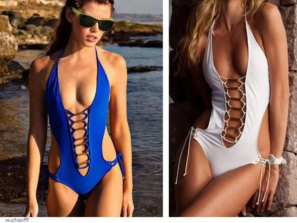 new arrival 2015 swimwear one piece swimsuit Blue Trendy Open Front Hollow Out One-piece Teddy Swimwear |