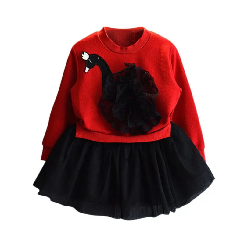 

COCKCON Red Swan Princess Dress Suits Baby Clothing Children Girl Sets Tutu Layere Dress Princess Long Sleeve Swan Dress