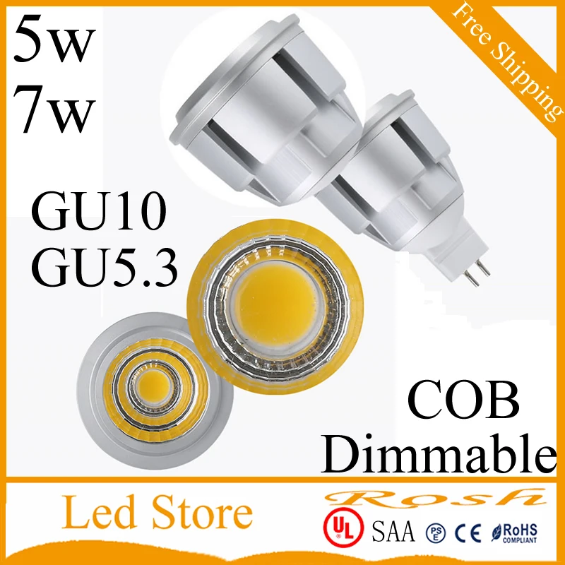 10 шт./лот супер яркая COB5W 7W GU10 Светодиодная лампа точечного света 110V 220V 12V Dimmable GU5.3