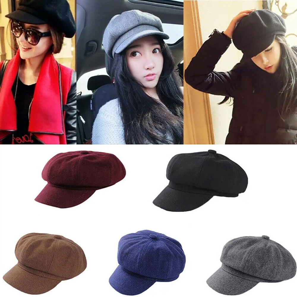 

Solid Color Women's French Beret Cap Newsboy Cabbie Beret Hat Cloche Woolen Painter Visor Hats for Autumn Winter