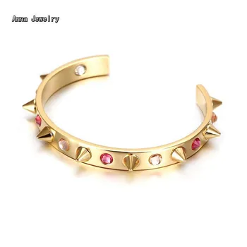 

Precision Crafted Studs Open Cuff Bracelet,Stainless Steel with Pink/Clear Zircons,Stylish Nail Rivets Bangle Bracelet For Women