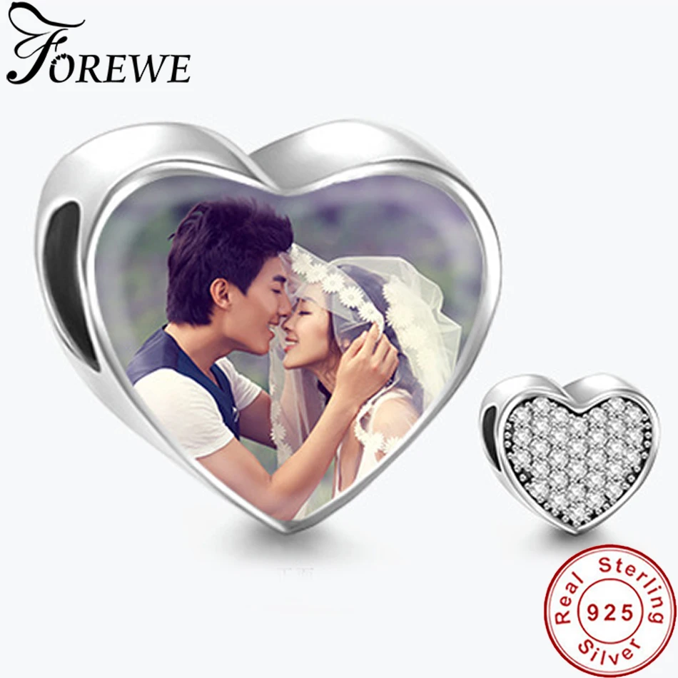 

Forewe Personalized Jewelry Custom Photo Charms 925 Sterling Silver Crystal Heart Beads fit Bracelet Necklace for Lover Couple