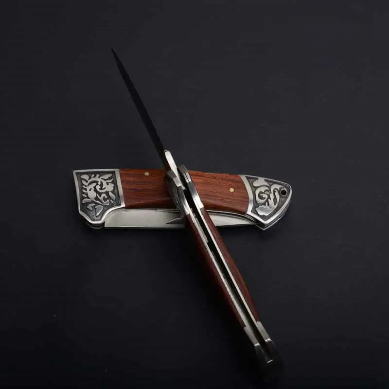 copper tactical folding knife steel blade wood handle rescue pocket edc tools  (2)