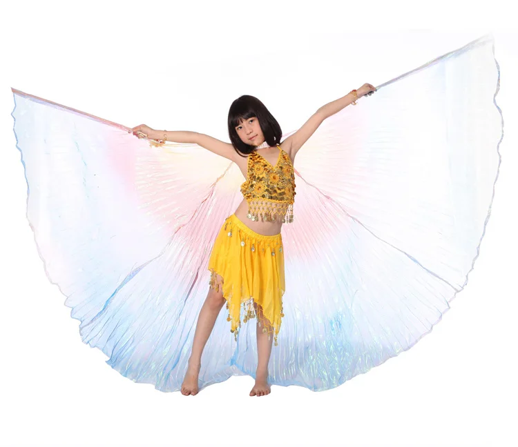 

Professional Cheap Belly Dance Rainbow Isis Wings With Stick KIds Golden Silver Wing Dance Props Dance Fairy Free Shipping