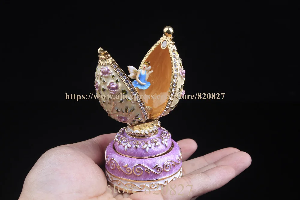 Vintage Angel Egg-Shaped Music Box Faberge Style Egg Music Box Pewter Figurine Musical Egg Jewelry Box with Dance Angel inside Jewelry Packaging