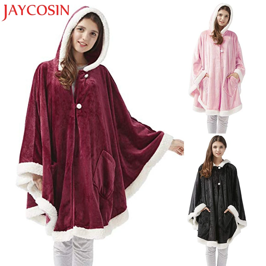 JAYCOSIN Women Winter Warm Overcoat Cute Button Down Plush Hooded Throw