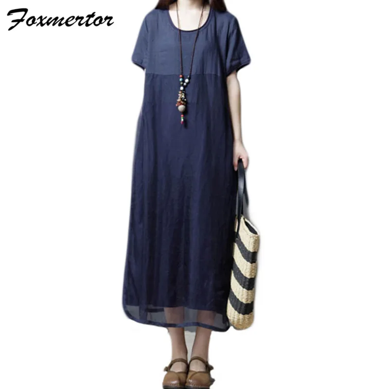 foxmertor 2020 M-3XL Summer Retro Art Large Size Women's Loose Dress O-Neck Ramie Solid color women dress elegant Long E8861 | Женская