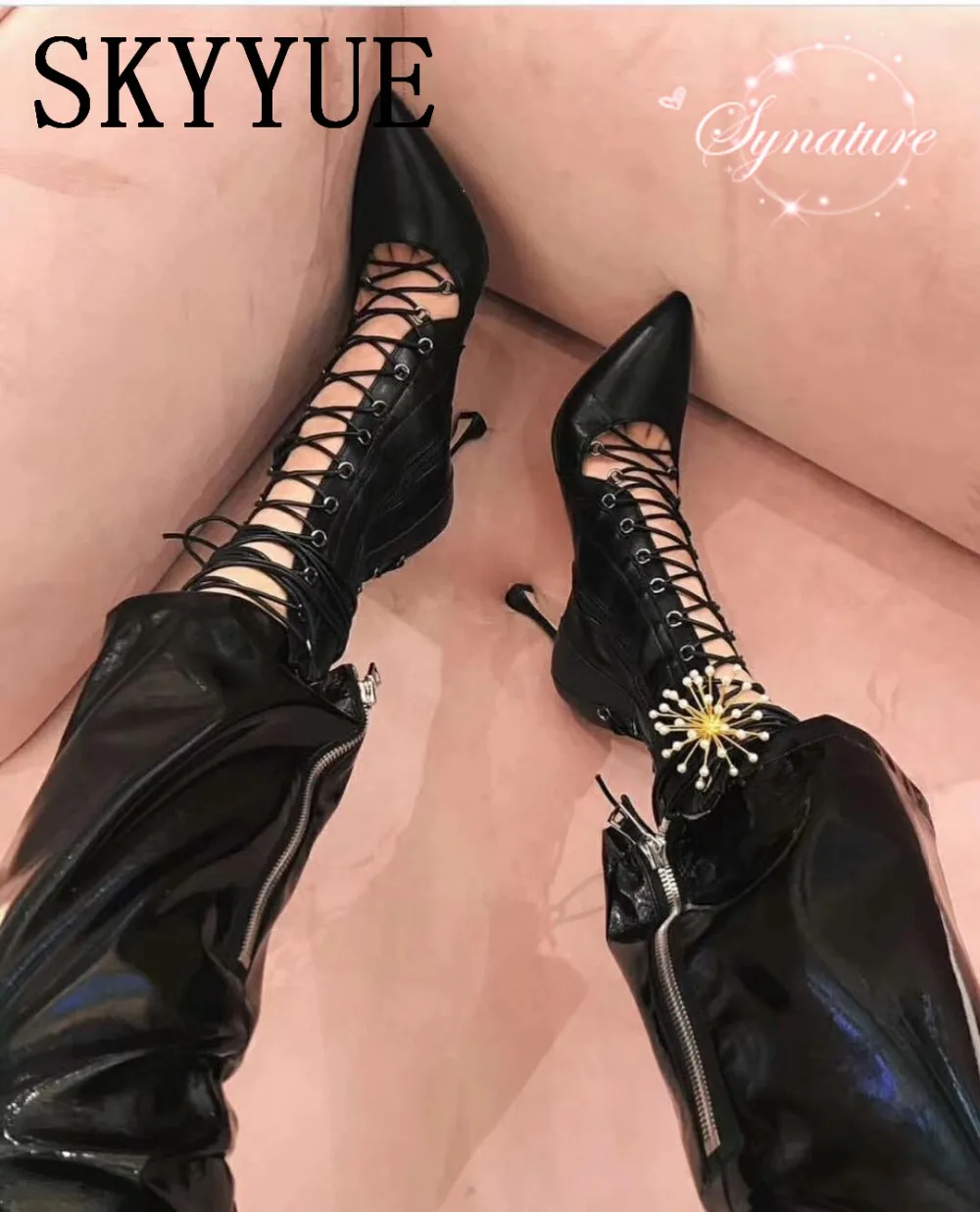 

2018 New Gold Snakeskin Rome Gladiator Lace Up Women Summer Sandal Boots Pointed Toe Thin HIgh Heel Motorcycle Boots Shoes Women
