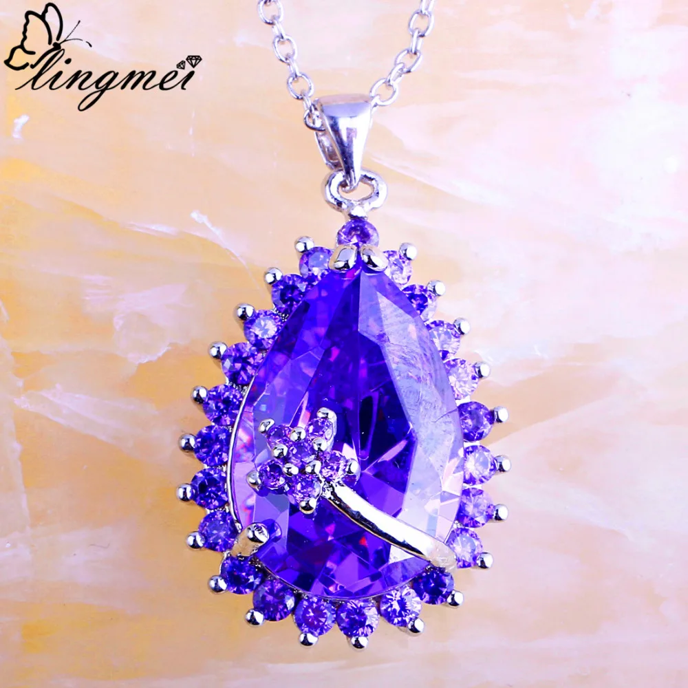 lingmei Fashion Lady Purple Silver Color Chain Necklace Pendant Purple Jewelry For