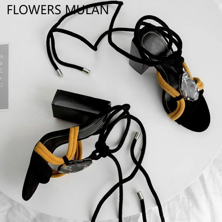 

Mixed Color Narrow Band Rome Sandals Peep Toe High Square Heels Gladiators Fashion Ankle Strap Lace Up Zapatos De Mujer Shoes
