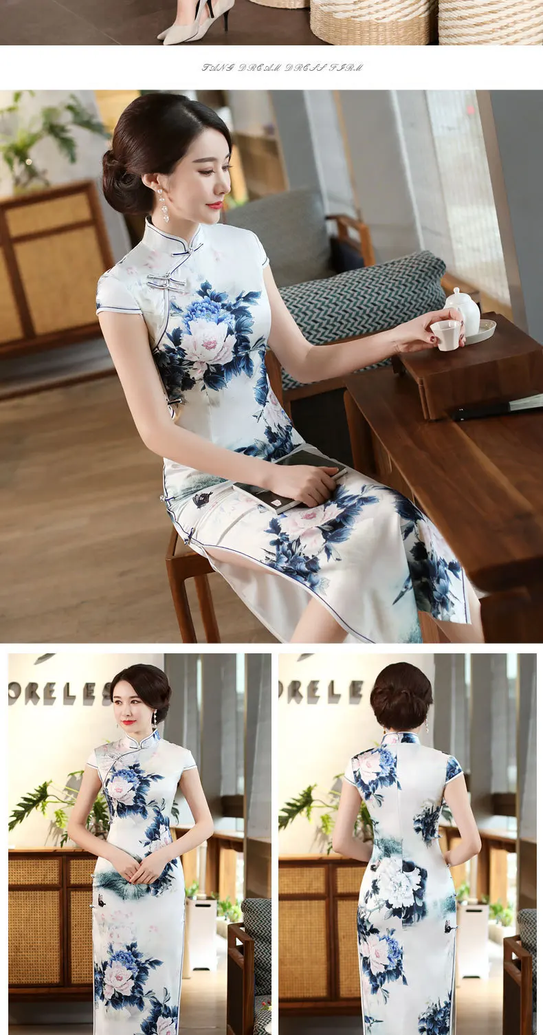 Для женщин китайское традиционное платье Qipao современный принтом Cheongsam Китай тонкий винтажное платье Восточный халат Femme Qi Pao