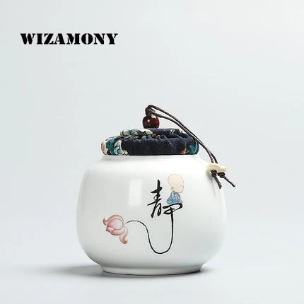 

WIZAMONY Chinese style High-grade ceramic tea canister Gift storage jar Tea caddy Di Kiln Sugar Bowl Salt shaker storage tank