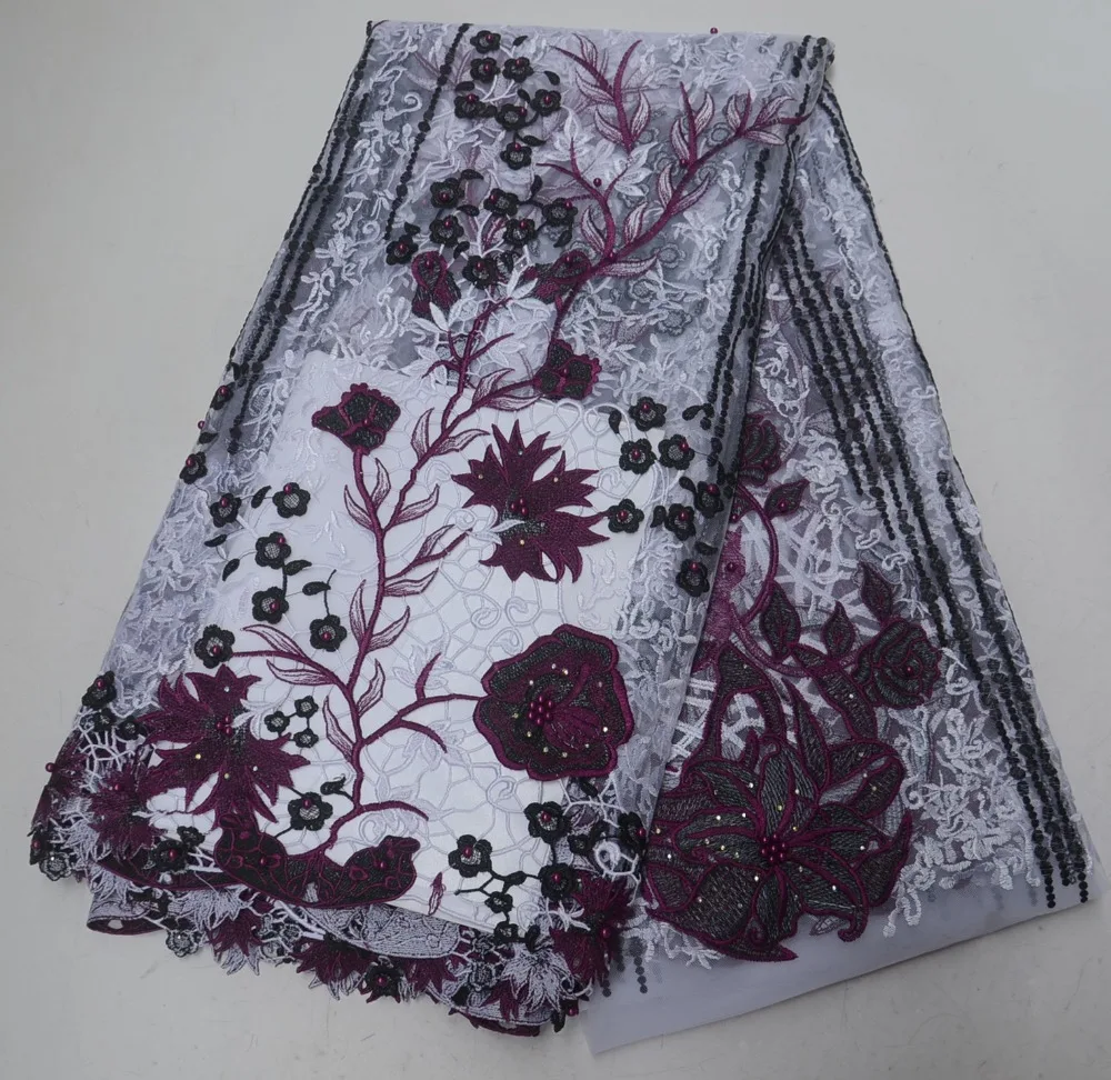 

Beautiful design Africa lace fabric Embroidered Tulle lace with Beads and Stones hot selling French laces fabric For party dress