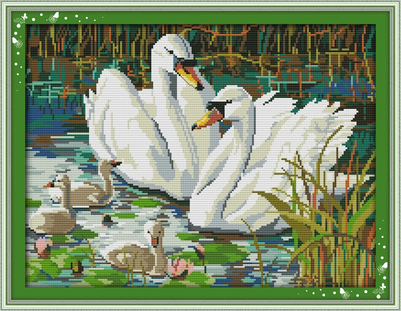 

Swans swimming cross stitch kit 14ct 11ct pre stamped canvas cross stitching animal lover embroidery DIY handmade needlework