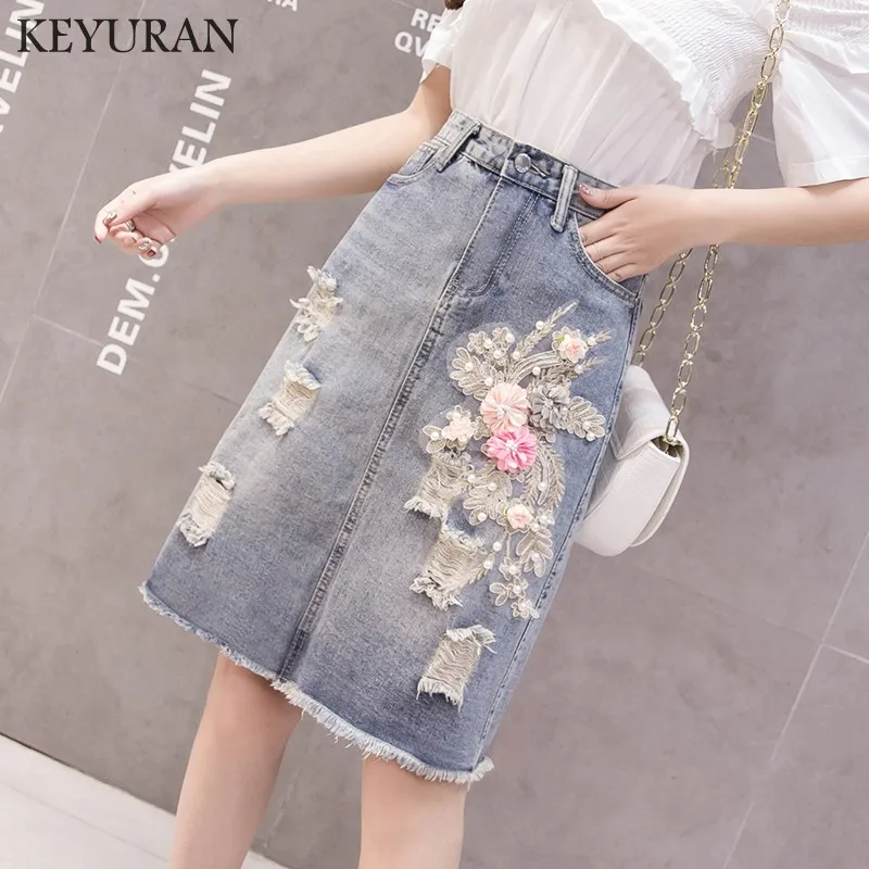 

Summer Spring Fashion Women Distressed Hole Embriodered Tassel Denim Skirt Casual Fall Embroidery Beading Flower Jeans Skirts