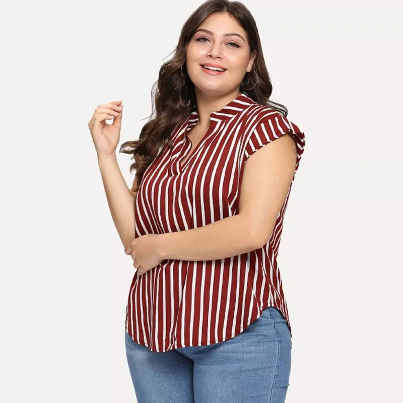 VOGRACE Women-Plus-Size-Tops Summer V Neck T Shirts Striped Raglan Tunics Tee 