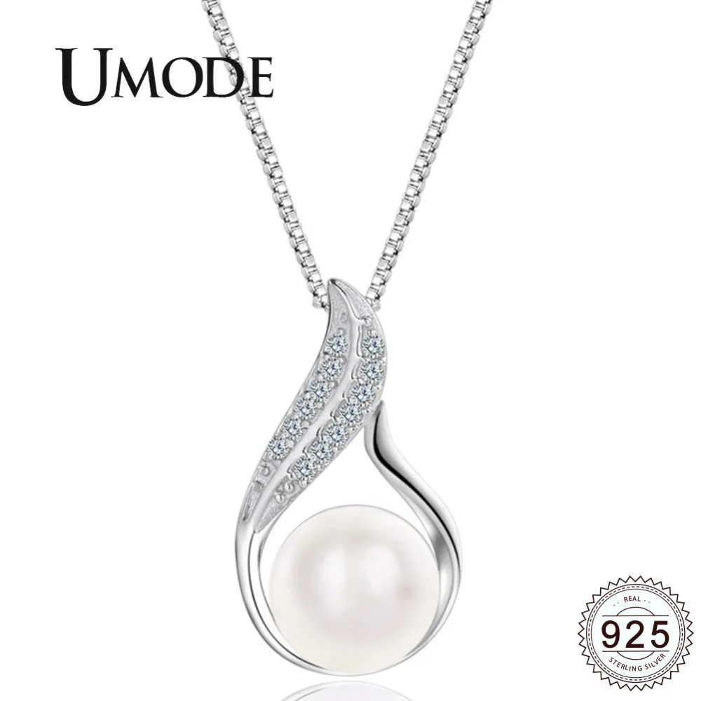 

UMODE 2019 925 Sterling Silver Water Drop Zircon Diamond Pendant Necklaces for Women Freshwater Pearl Silver 925 Jewelry ALN0421