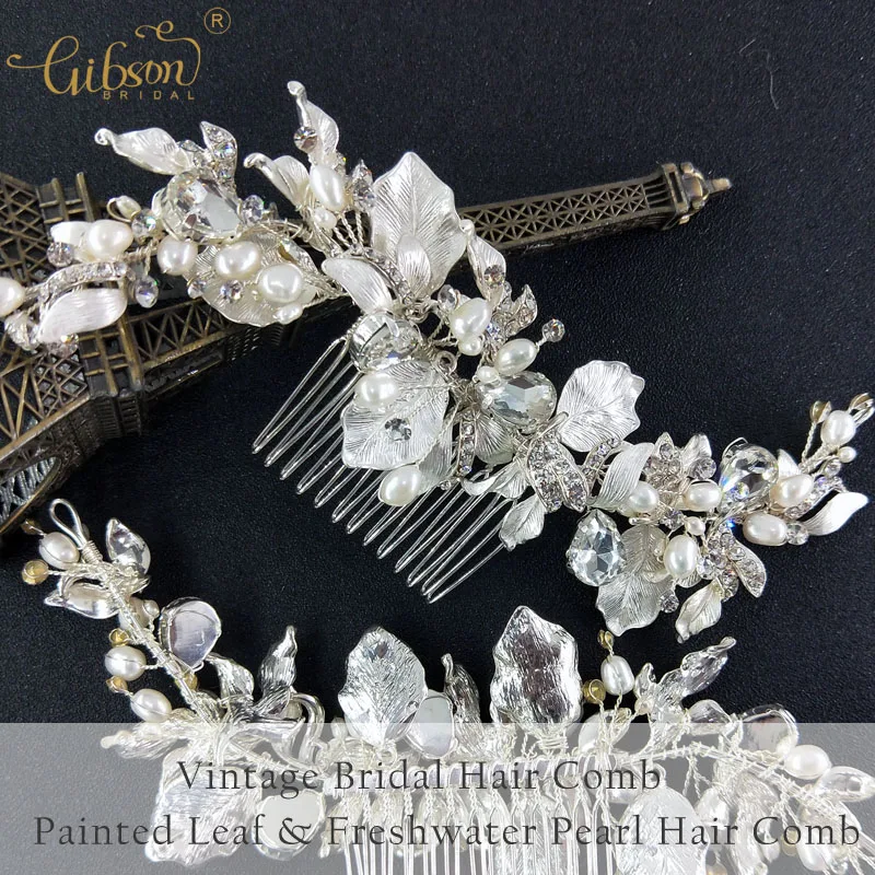 

Vintage Bridal Hair Comb Painted Leaf Clusters Lush Freshwater Pearl Wedding Hair Side Comb Bridesmaid Dress Headpiece Prom Halo