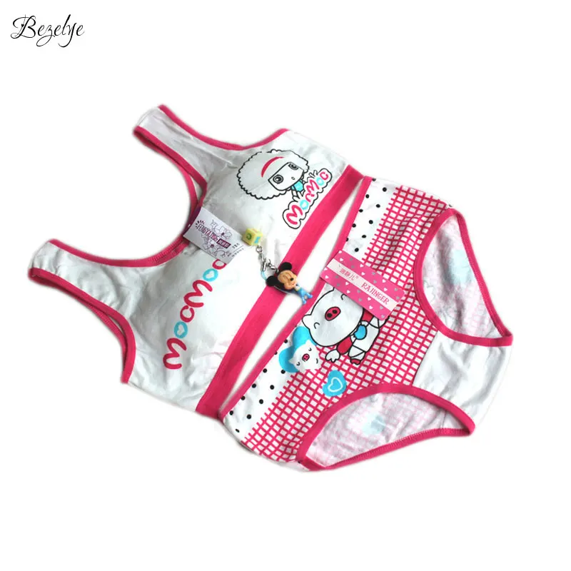 8 15Y Girl Student Puberty Bra Teenage Vest Underpants Wire Free Cute Girl Underclothes Cotton Print Child Underwear Suit