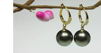 

charming pair of 10-11Tahitian round black green pearl dangle earring 18k