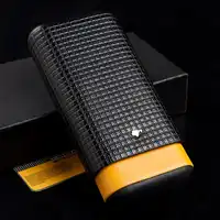 COHIBA Black&Yellow Leather Lined Cedar Wood 3 Tube Travel Cigar Case Humidor Holder