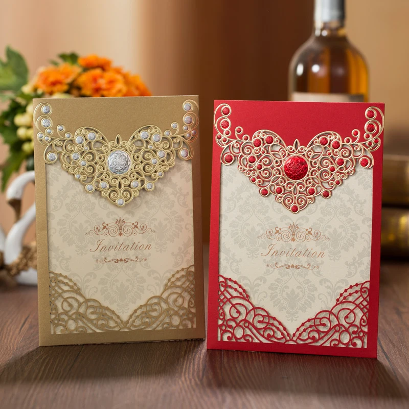  50pcs Red Gold Laser Cut Crown Flora Wedding Invitations Card Greeting Cards Customize Wedding Deco - 32882934142