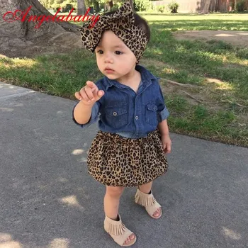 

Children Clothing SetS 3 PCS Suit Baby Girls Cute Summer Toddler Kids Denim Tops + Leopard Culotte Skirt Clothes