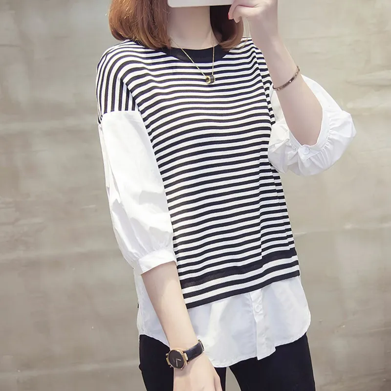 

Spring Female 2019 New Middle sleeve Ice Silk T-shirt Stripe Fake Two-piece Sleeve Stitching Top Thin