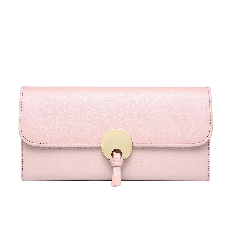 

Korean Style Woman Genuine Leather Cow Leather Long Card Bag Clutch Wallet Hasp Solid Color Multifunction Coin Purse Friend Gift