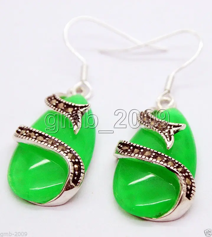 

best valentine's gift lady's 15*26mm natural green 925 Sterling Silver Marcasite Earrings