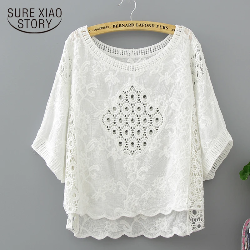 

women blouse shirt new 2018 summer lace o-neck female blouses Batwing sleeve solid white color women's clothing tops 0316 40