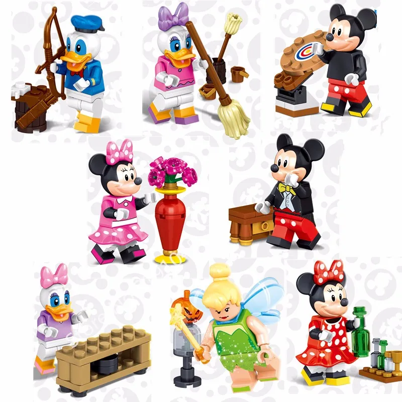 

Girls 8Pcs Building Blocks Cartoon Figures Don Donald Duck Mickey Minnie Mouse Daisy Stitch Aladdin Kids Toys