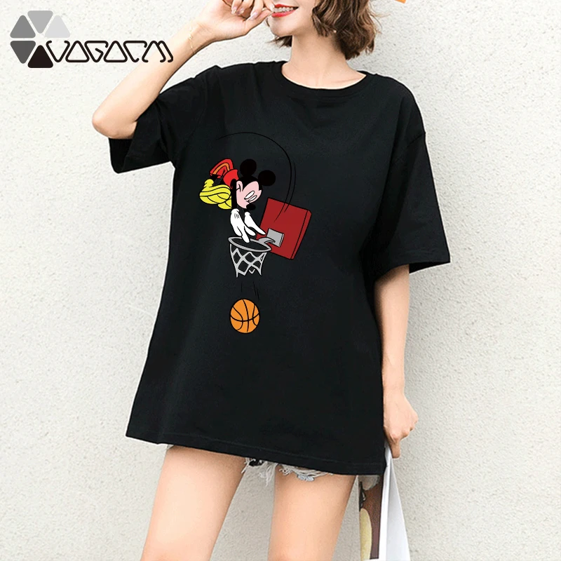 

2019 Summer T Shirt Women Mickey Mouse Print Tops Tee Short Sleeve Black Fashion Loose Cartoon Plus Size T Shirts Graphic Tees